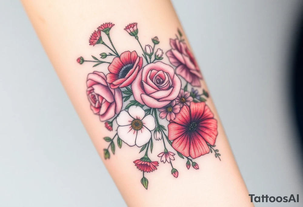 Bouquet of roses, snowdrops, marigolds, asters and gladioli tattoo idea