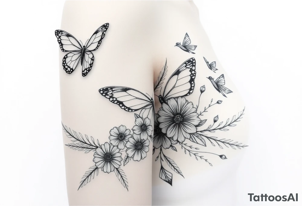 Butterfly, birds, flowers and feathers tattoo idea
