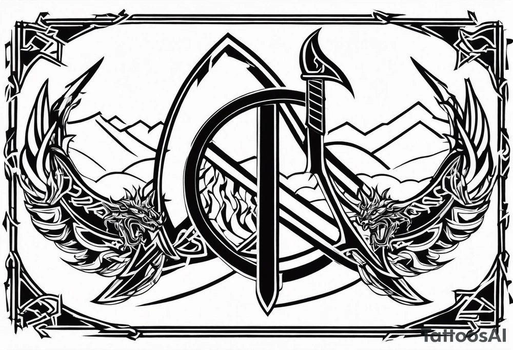 Valhalla sword shield dragon axe Valknut barbed wire chains tribal tattoo idea Valhalla sword shield dragon axe Valknut barbed wire chains tribal tattoo idea
