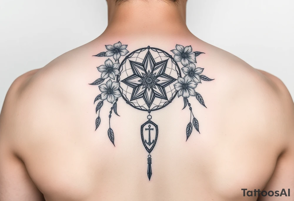 Boho dream catcher with compass and anchor Beautiful flowers and an ornamental chandelier like look tattoo idea