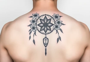 Boho dream catcher with compass and anchor Beautiful flowers and an ornamental chandelier like look tattoo idea