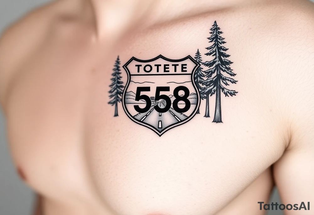 Arm sleeve small State Route sign 558, with trees all around and farm in background, road w/ view facing up the arm tattoo idea