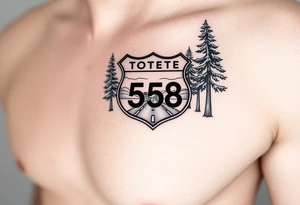 Arm sleeve small State Route sign 558, with trees all around and farm in background, road w/ view facing up the arm tattoo idea