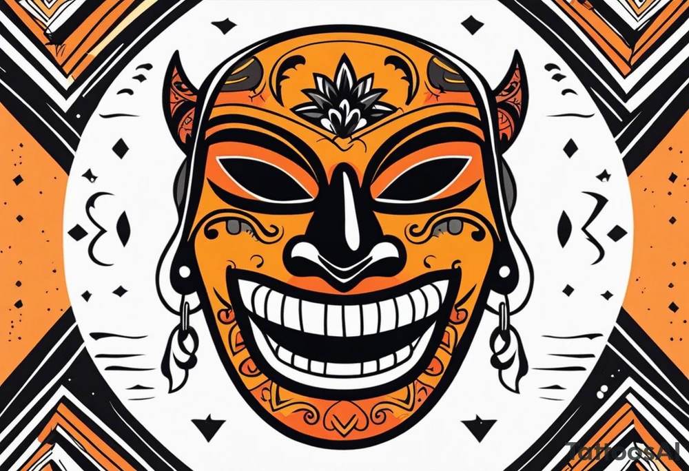 Laughing Mexican mask that is orange and black simplistic tattoo idea
