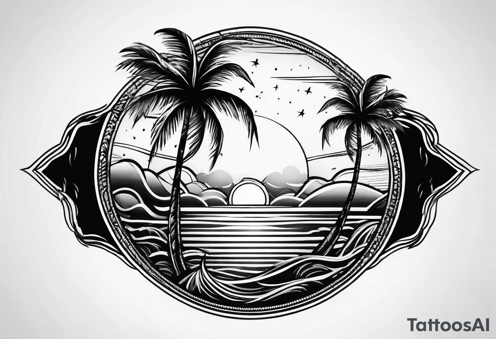 palm tree front of a sun and waves tattoo idea