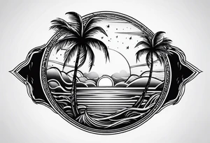 palm tree front of a sun and waves tattoo idea