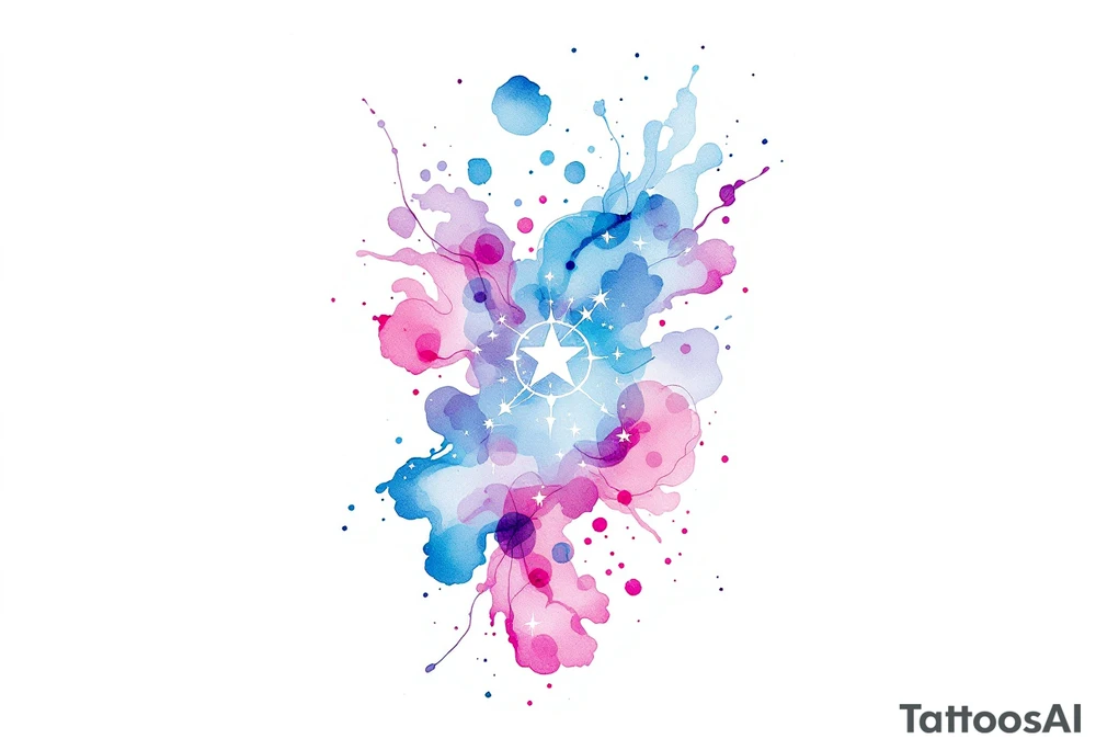 Flowing watercolor splashes in pink, blue, and lavender wrap around a white-ink Libra star constellation. tattoo idea