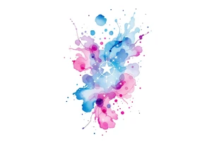 Flowing watercolor splashes in pink, blue, and lavender wrap around a white-ink Libra star constellation. tattoo idea
