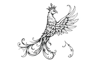 Pheonix wearing a crown with flowy long tail tattoo idea