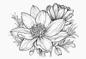 Narcissus, Chrysanthemum,
Cosmos, snow drop that shows all the flower stems for the back of the arm. Fine line. In a flower bouquet tattoo idea
