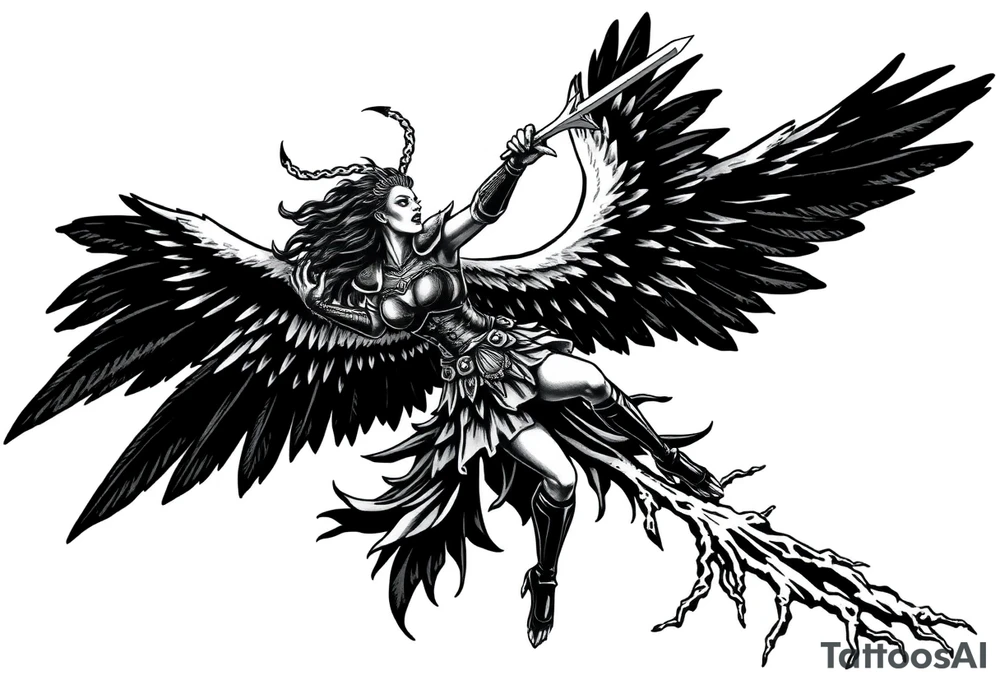 A fierce looking Valkyrie with very big dark wings. The whole body with legs should be visible.
She has armor.
She is flying towards the right, sword held high

She is screaming.
She is standing on roots tattoo idea