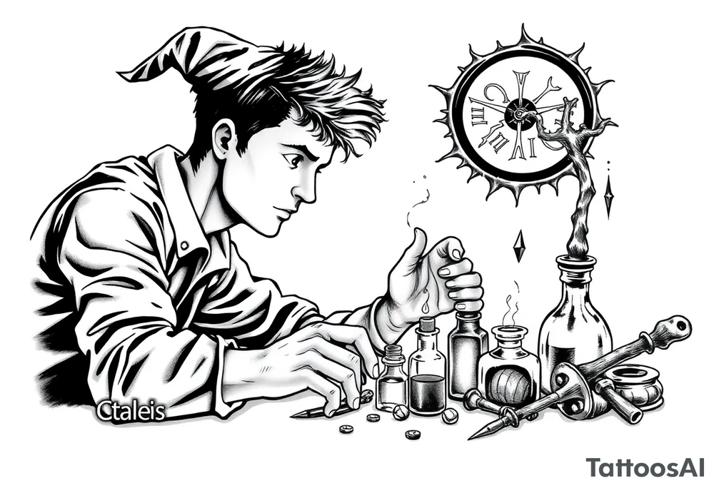 Handsome young adult guy is  accidentally stumbled upon witch tools, supplies, artifacts, potions and exploring it curiously tattoo idea