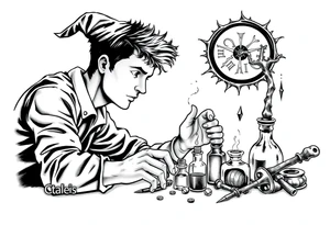 Handsome young adult guy is  accidentally stumbled upon witch tools, supplies, artifacts, potions and exploring it curiously tattoo idea