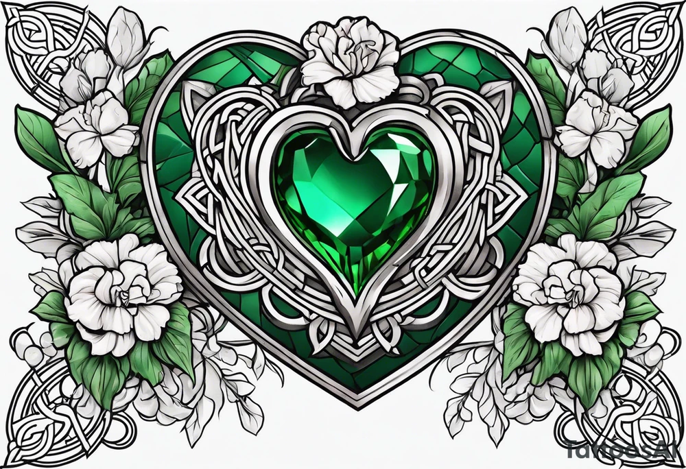Irish Celtic with an Emrald green gem in the middle of the heart with a bundle of carnations, leaves, and narcissus coming out of the hands. tattoo idea
