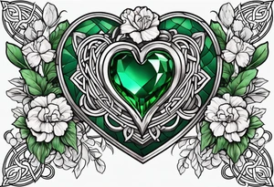 Irish Celtic with an Emrald green gem in the middle of the heart with a bundle of carnations, leaves, and narcissus coming out of the hands. tattoo idea