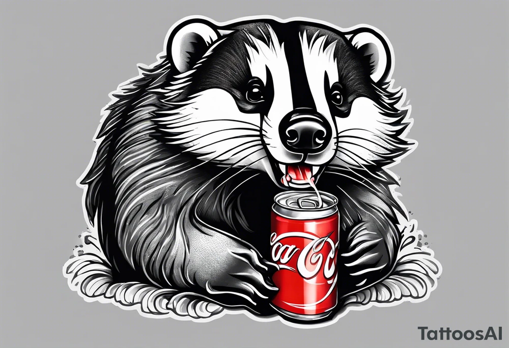 badger with mouth open with soda can and chips in hands tattoo idea