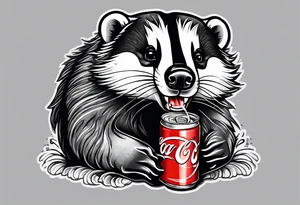 badger with mouth open with soda can and chips in hands tattoo idea