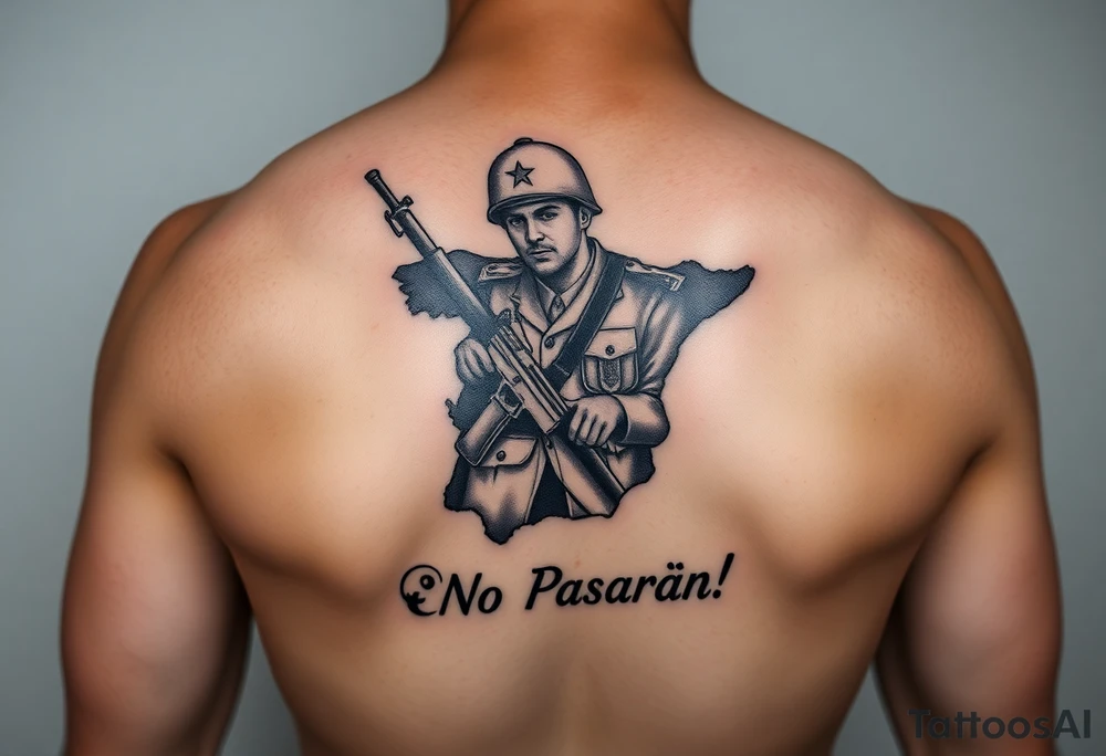 A Spanish civil war fighter on the republican side, with an outline of Spain, with the words “¡No Pasarán!” written underneath tattoo idea