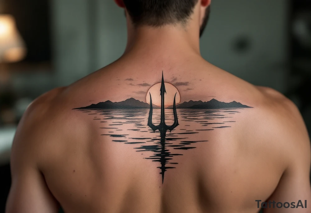 trident half way under calm water with sunset tattoo idea