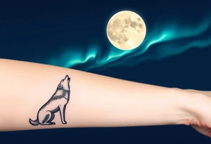 lone wolf howling at full moon with northern lights backdrop tattoo idea