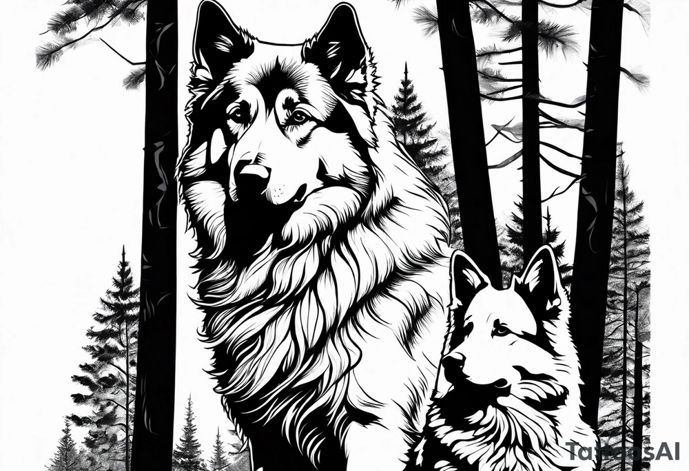 two norwegian elkhounds guarding a dark forest tattoo idea