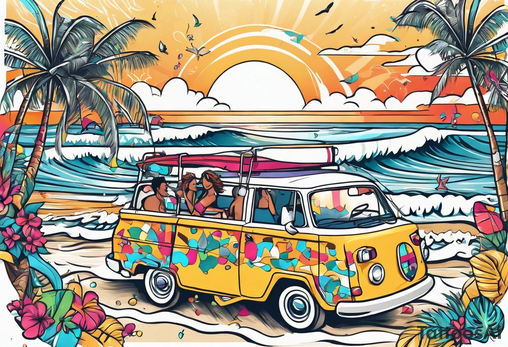 SURFING SAFARI BEACH DANCE 
PARTY WITH CONFETTI AND MUSIC NOTES, TROPICAL DRINKS, SEXY BIKINIS tattoo idea