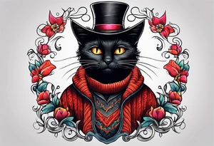 Black cat with funny hat and sweater tattoo idea