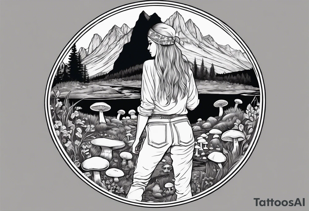 Whole picture encircled fully

Straight long blonde hair hippie girl in distance holding mushrooms in hand facing away toward mountains and creek surrounded by mushrooms long sleeve shirt and hiking pants; whole rendering within a full circle, no cut off circle tattoo idea