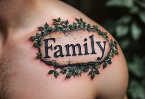 The word family engraved into a stone motif in gray ink, with ivy in muted green wrapping around. tattoo idea
