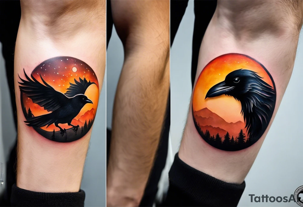 Ying-yang tattoo on mans forearm, where one side captures the night sky with a bright full moon, and the other side showcases the warm hues of a sunset. The moon side features a stunning depiction of a crow in flight, adding a touch of magic and wonder to the design. On the sunset side, the small silhouettes of a man, woman, and two teenage boys walking toward the sunset create a sense of togetherness and family. Around the circle the words "Life is hard, you have to change" are written in child's writing tattoo idea