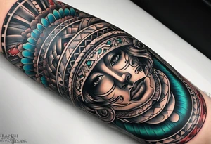 Arm sleeve inspired by Mexican American imagery and space tattoo idea