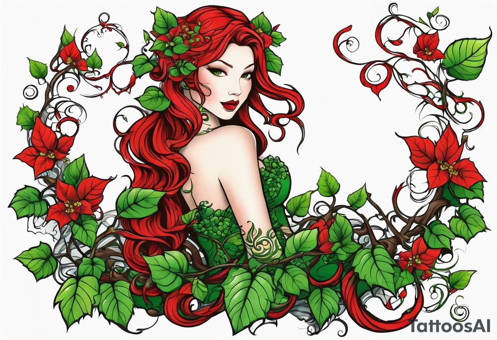 Poison ivy vines with red a green coloration to wrap around leg and hips tattoo idea