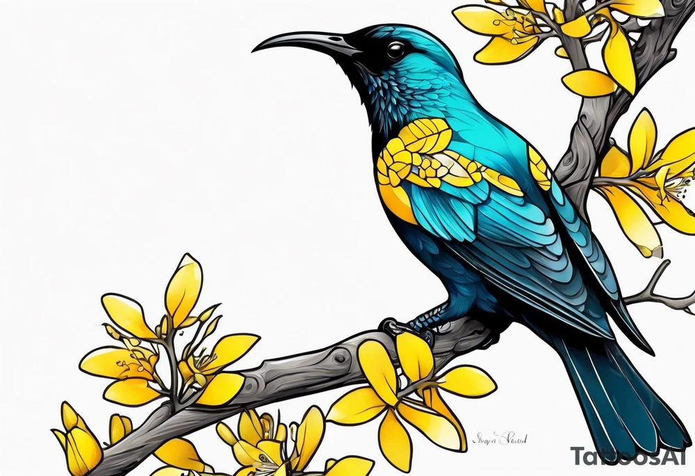 Tui bird in Kowhai tree tattoo idea