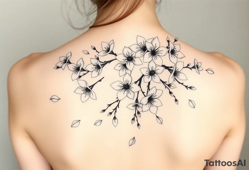 delicate cherry blossoms swirling in spring breeze with petals tattoo idea