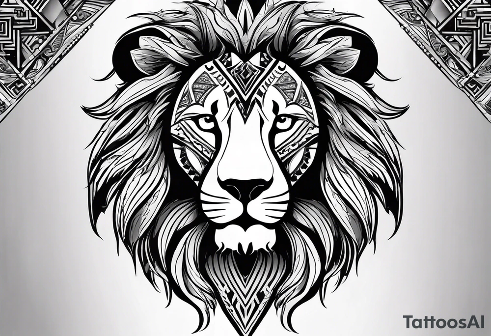 A lion designed with tribal patterns, using bold black lines that emphasize the contours of the lion's face and mane. This style can incorporate cultural significance and artistry. tattoo idea