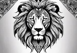 A lion designed with tribal patterns, using bold black lines that emphasize the contours of the lion's face and mane. This style can incorporate cultural significance and artistry. tattoo idea