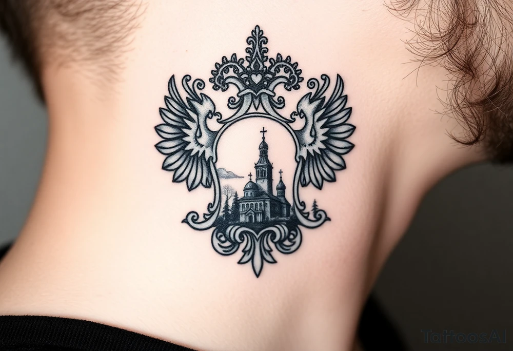 Traditional authentic Russian coat of arms with a Christian orthodox virgin marry in the middle and silhouette in a Russian wilderness Christian orthodoxy dome church village setting on the side of my neck tattoo idea