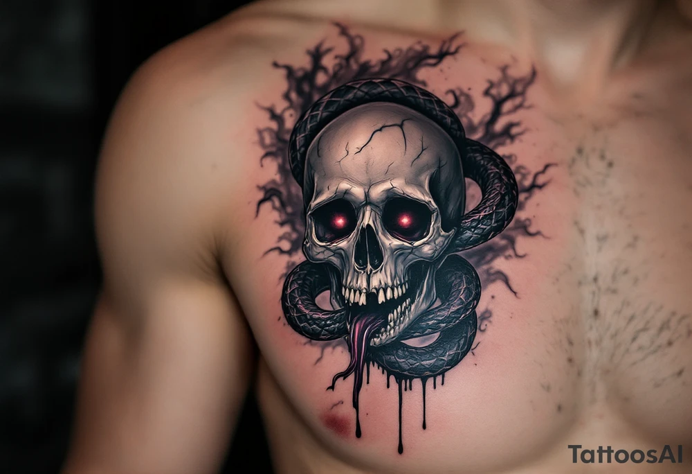 The Dark Mark, with the snake wrapped around the skull, stands out against a smoky, shadowy background. The skull has glowing red eyes, and the serpent’s tongue is dripping with dark, inky venom. Black and grey with hints of deep crimson for the eyes and serpent’s venom. Subtle touches of green and purple for the smoke. tattoo idea