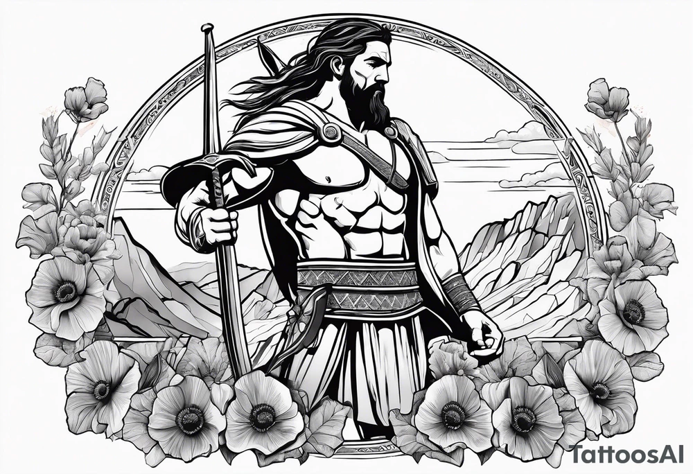 Greek warrior tending to Poppy flower growing out of rock tattoo idea