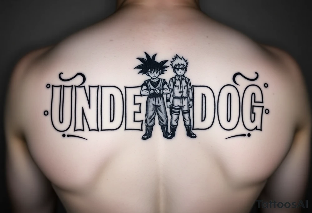 the word underdog in a with 3 anime characters Goku  and Naruto and ippo  one standing in the middle one standing on the right and one standing on the left
 above the word tattoo idea