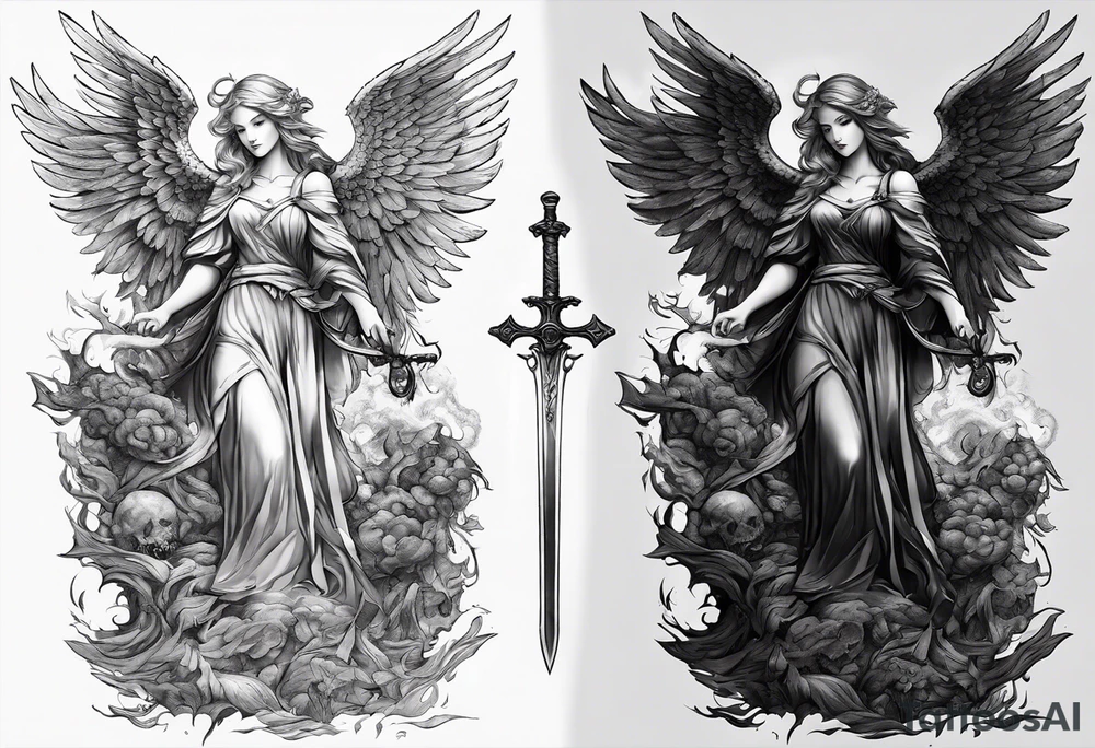 Angel with long sword on a pile of dead demons in etchwork style sleeve tattoo idea