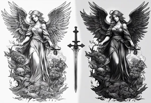 Angel with long sword on a pile of dead demons in etchwork style sleeve tattoo idea