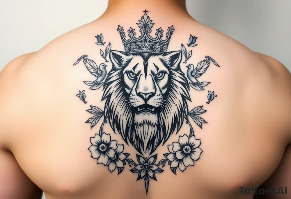 powerful majestic lion with a crown, surrounded by floral ornaments and birds tattoo idea