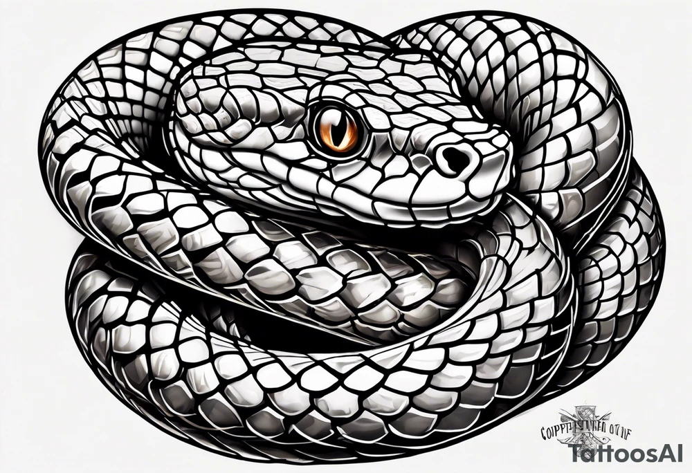 Copperhead coiled up with head turned up and mouth open and copper colored eyes tattoo idea