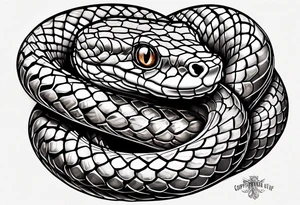 Copperhead coiled up with head turned up and mouth open and copper colored eyes tattoo idea