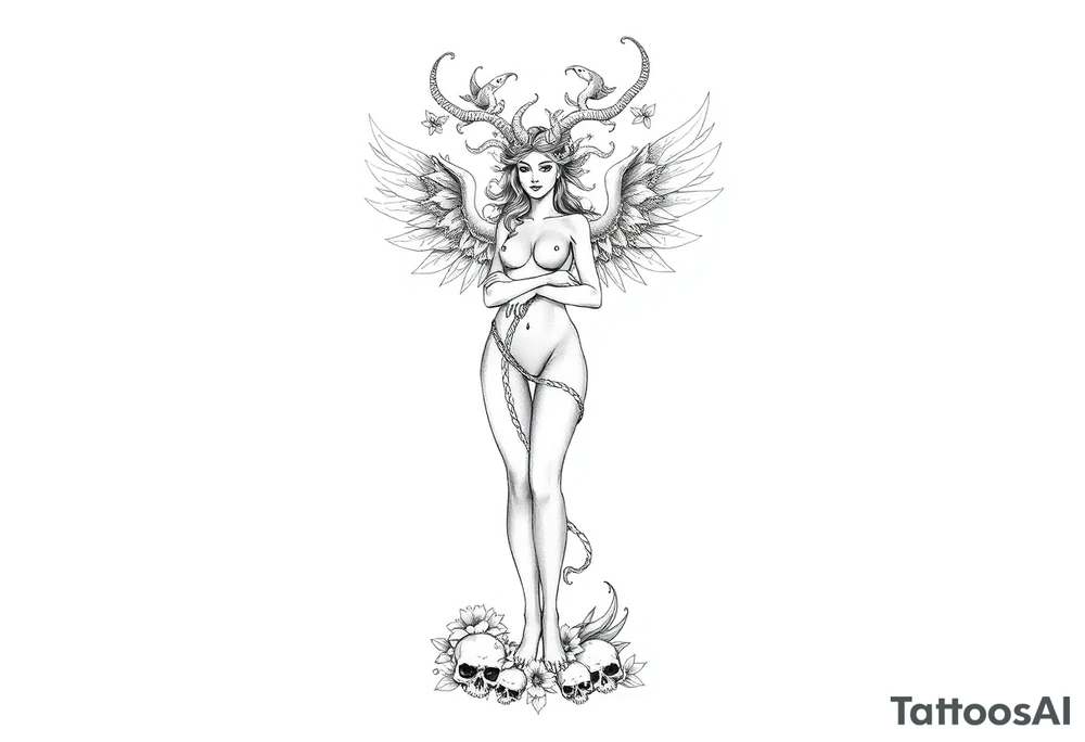 Ethereal Medusa standing.She has snakes for hair phoenix wings. She is beautiful and feminine. Surrounded by flowers and standing with skulls at her feet. Symbolic of resilience, transformation and inner strength. tattoo idea