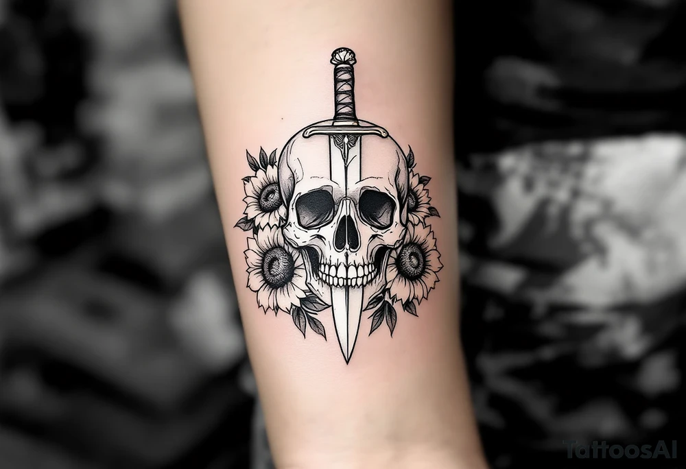 Skull, heart piercing a dagger with roses and sunflowers tattoo idea