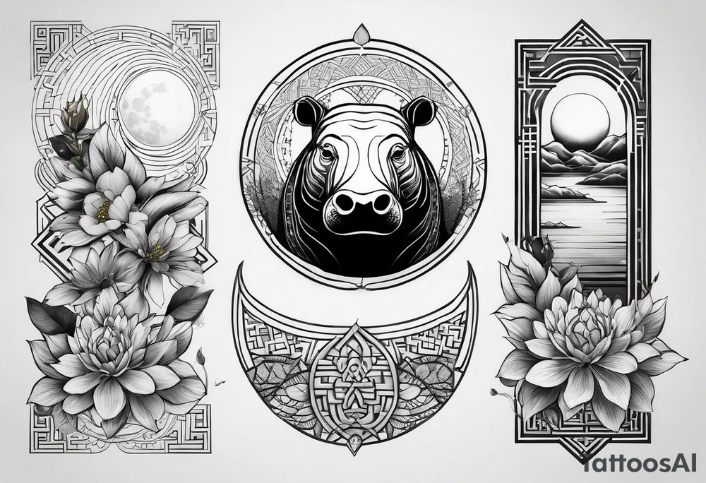 Very asymmetrical, +geometric pattern, with realistic full moon, with hippo at side look, +zen feel, + Buddhism touch, +tribal, +geometric, +inkart , +blackwork
with wintersweet flower bud, +portrait orientation, +inkart touch, tattoo idea