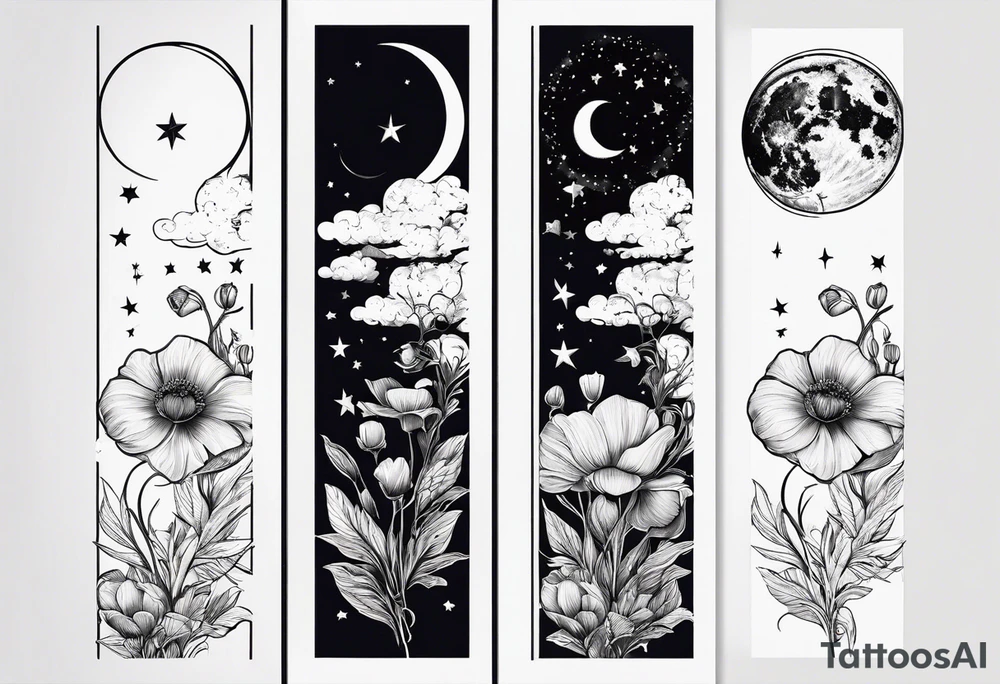 fine line vertical spine tattoo with stars, moon, clouds, poppy dainty very simple tattoo idea