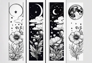 fine line vertical spine tattoo with stars, moon, clouds, poppy dainty very simple tattoo idea